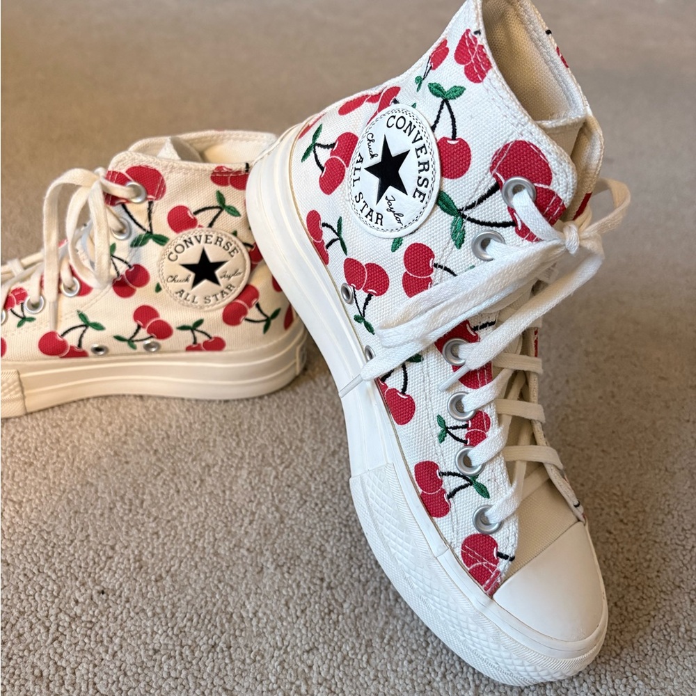 Converse White High Top Sneakers with Red Cherry Print